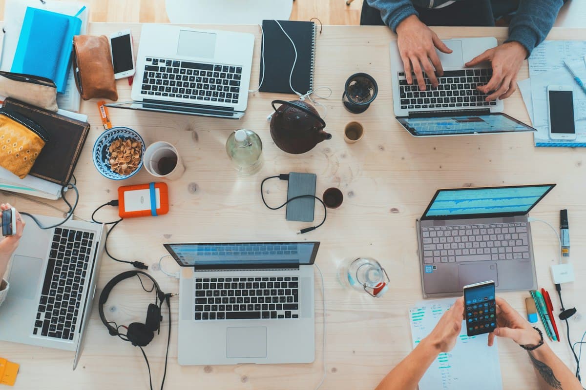 Colleagues working together in a bright office