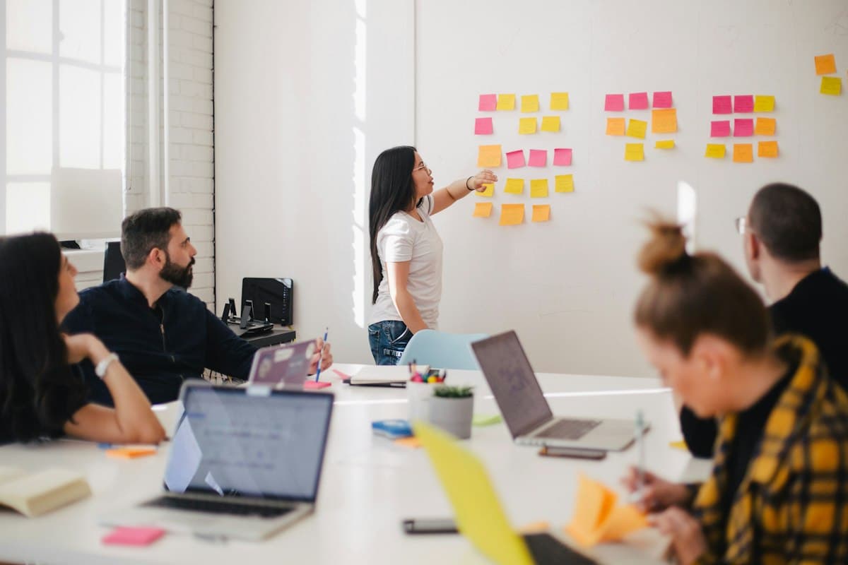 A team reviewing a plan on a whiteboard